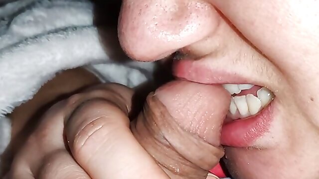 Sucker wife sucks cock biting it, and then gives herself to her pussy