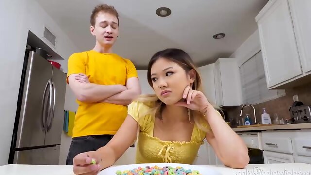 Pretty 18yo Asian Lulu Chu Banged by Stepbrother in the kitchen - cum in mouth