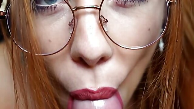 18 years schoolgirl with glasses and red lipstick swallowed all cum POV.