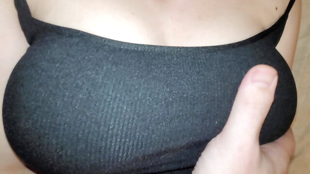 Super Close Up Big Natural Breast in Black T-Shirt