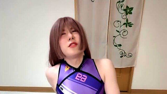 [R18+] Japanese Sissy Solo Cum with Cyber like Purple Bodysuit and heels