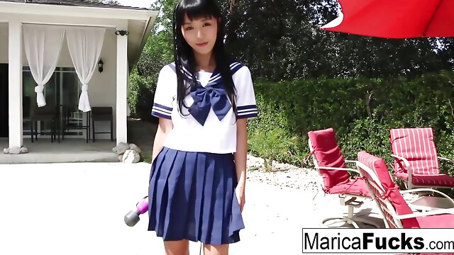Schoolgirl Marica walks through the house before