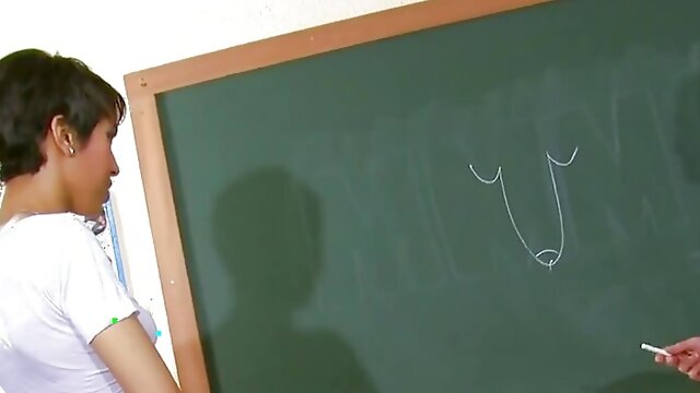 Short Haired Slut Gets Fucked by a Horny Teacher in the Classroom
