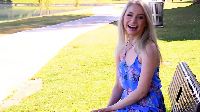 Stunning blonde enjoys while fingering her pussy outdoors - Scarlett