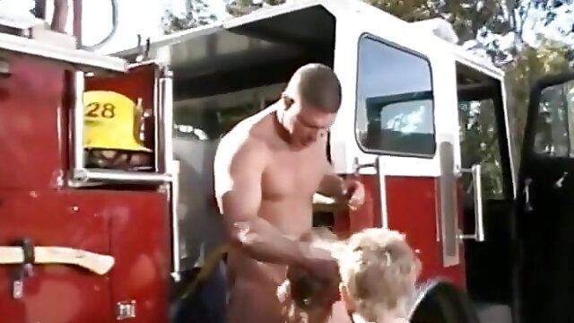 Stunning Blonde Babe Gets Both Her Holes Pounded Outdoors by Two Firemen