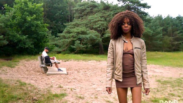 Curly black doll tries random mans huge dick in a dirty outdoor play