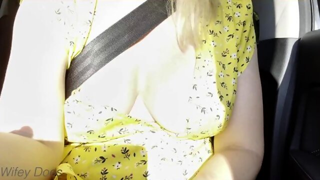Wifey flashes her perfect tits while in the car.