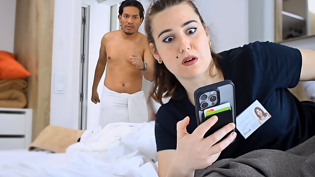 Latin boy catches the maid with his iPhone.