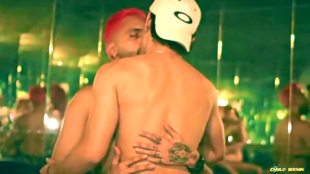 Camilo Brown fucking hot twink Julian Herrera bareback in the bar and exchanging cum in a sexy kiss