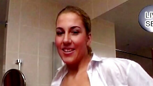 Curvy and horny German blonde dildoing her muff in the bathroom