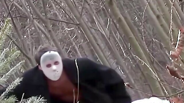 Blonde Babe Gets Slammed by Two Masked Guys After a Chase Through the Woods