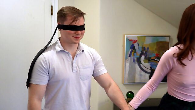 Blindfolded lad gets lucky and fucks a MILF and a teen