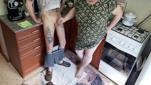 A Fat Woman Jerks Off My Dick In The Kitchen And I Cum Powerfully