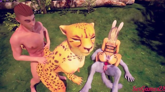 Furry orgy with interracial swingers, they fuck and squirt in Wild Life sex