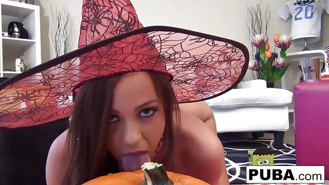 Abigail Mac carves a pumpkin then plays with herself