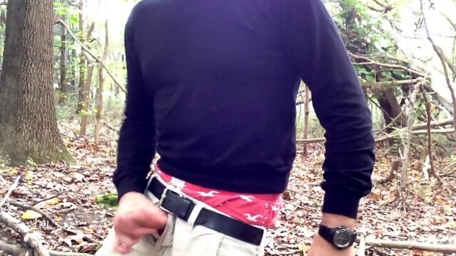 Public wanking in the woods. Sagging in my AE Boxers.  I jerk-off and cum in the woods.