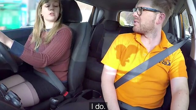 Curvy babe sucks off and rides driving instructor in car