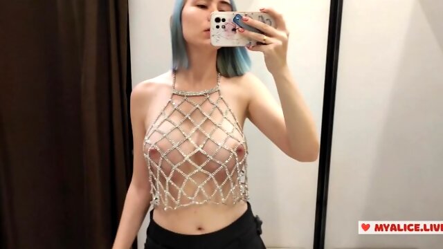 I Try on haul transparent clothes in a fitting room. Look at me in the dressing room