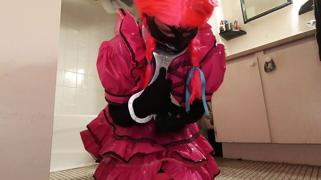 Sissy Maids shower bondage, Locked to rest room