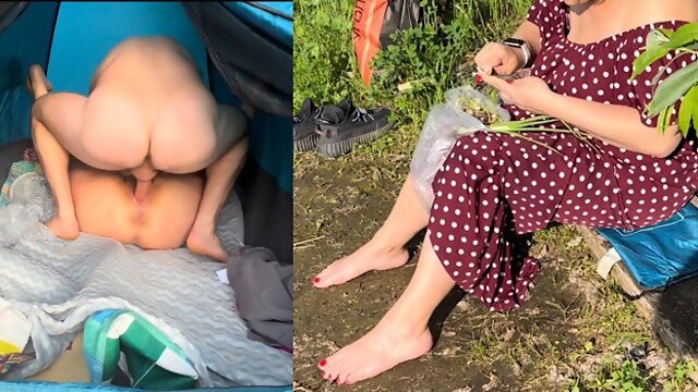 Amateur sex in a tent in nature, gentle moans