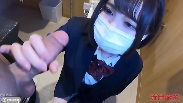 Asian schoolgirl sucked dick and got fucked in a bathroom pov