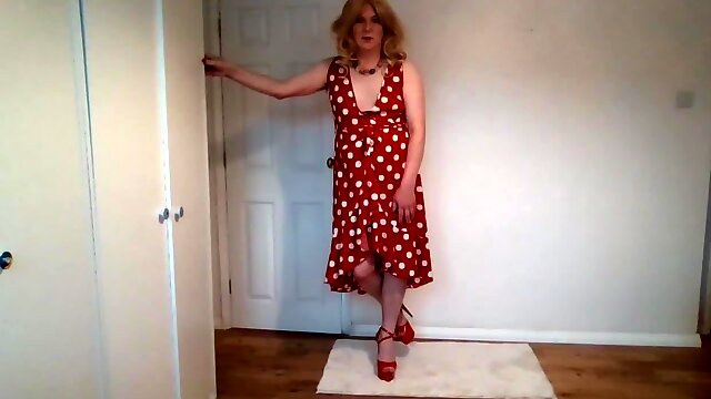 Red dress, high heels and G-string round my ankles