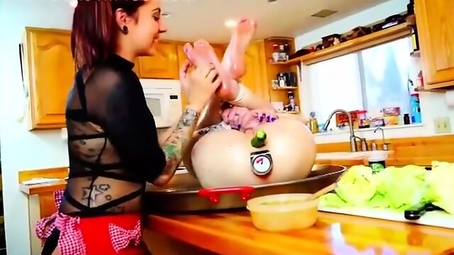 Lesbian teen freaks enjoy wild BDSM fun in the kitchen