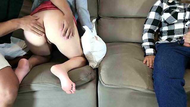 Anal fingering on the sofa. I think my brother-in-law noticed that my husband was fingering my ass