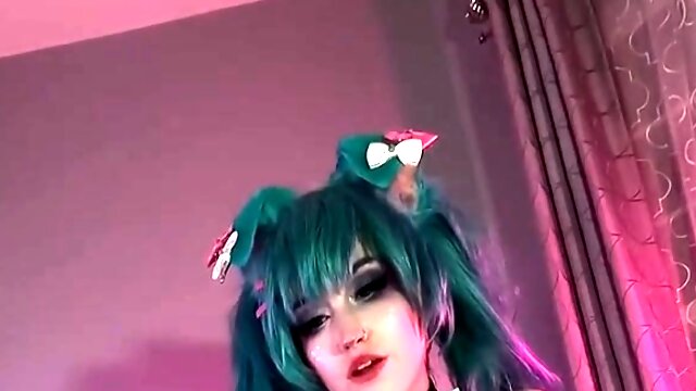 Glittery Miku Cosplayer Kurai Masturbates For The Camera