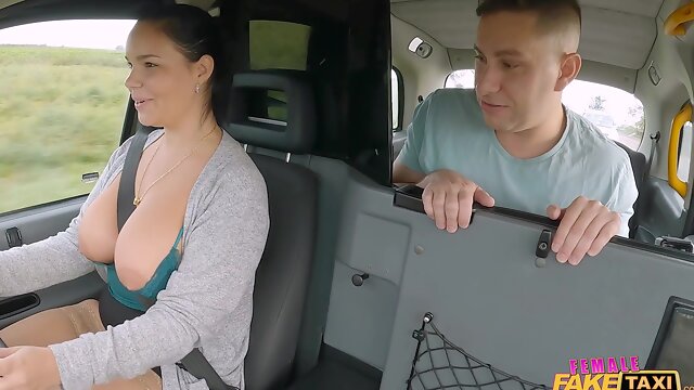 Busty female taxi driver fucks skinny dude