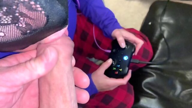 Blowjob While She Is Gaming Until We Get Interrupted